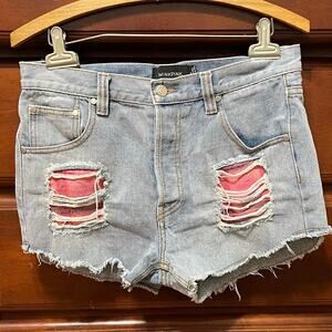 MinkPink women’s M shorts cutoff distressed patched denim button fly 5 pocket